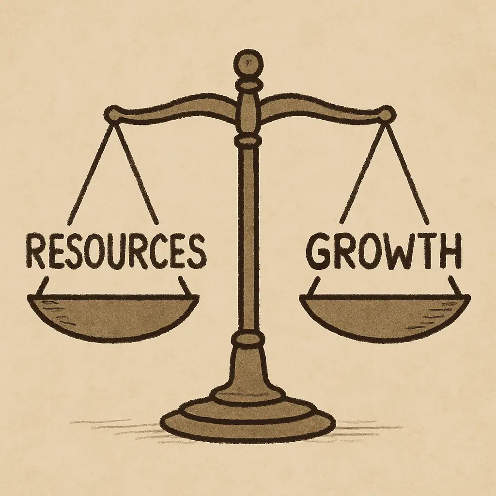Illustration of a balanced scale with 'Resources' on one side and 'Growth' on the other