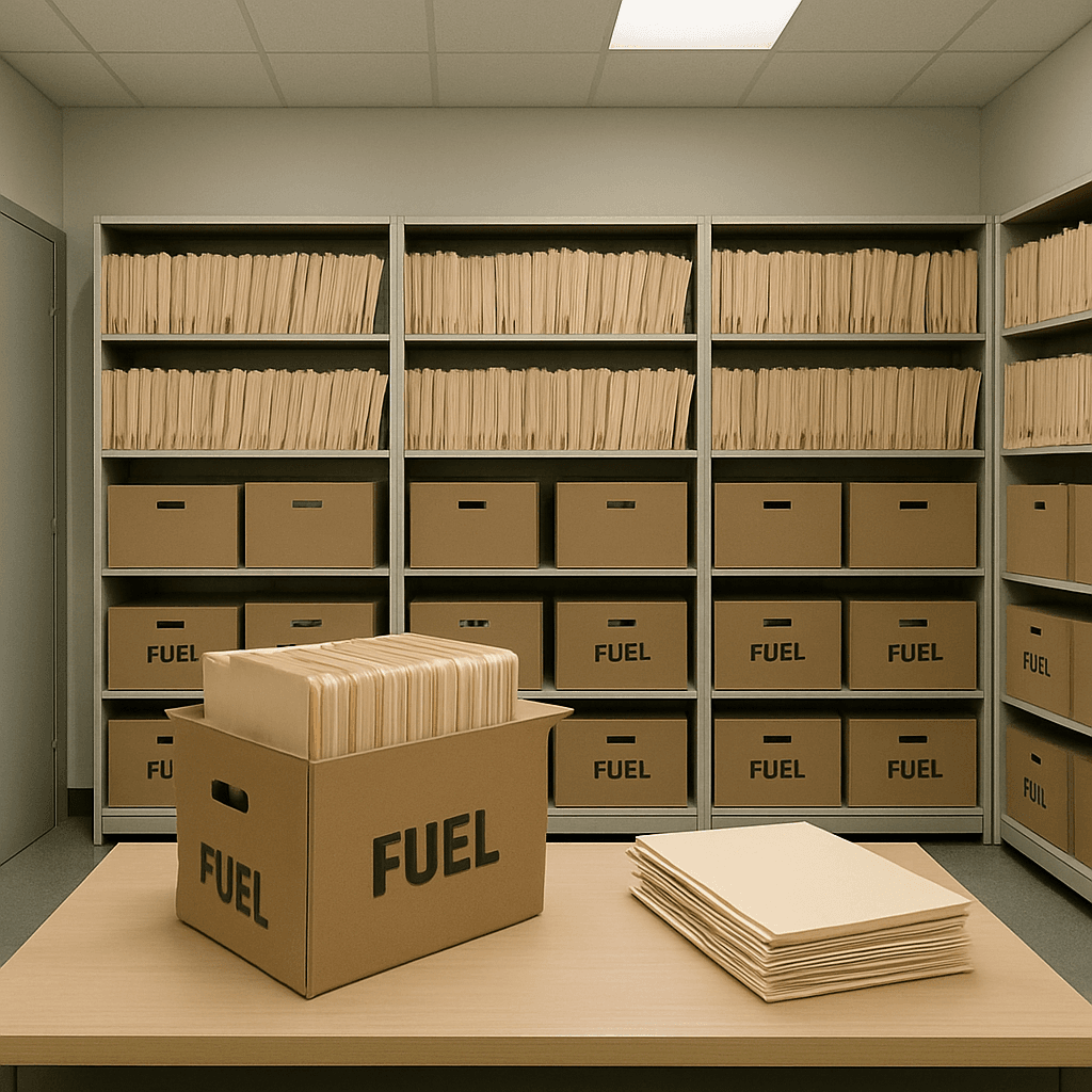 A clean, organized office archive room where folders are being neatly categorized into boxes labeled 'Fuel.'
