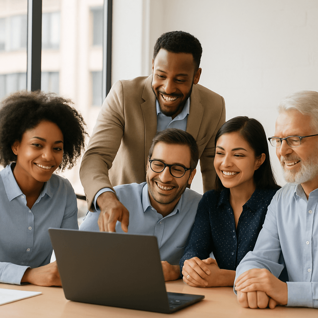A diverse group of office workers sitting in a bright room, looking at a screen with smiles, being coached by a consultant.